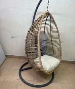 Beige Rattan Hanging Egg Chair with Stand – Indoor/Outdoor Teardrop Swing Chair with Black Metal Frame & Cushion Set - Image 4