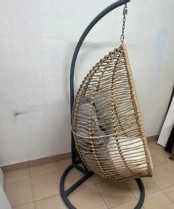Beige Rattan Hanging Egg Chair with Stand – Indoor/Outdoor Teardrop Swing Chair with Black Metal Frame & Cushion Set - Image 5