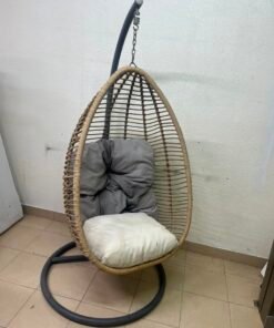 Beige Rattan Hanging Egg Chair with Stand – Indoor/Outdoor Teardrop Swing Chair with Black Metal Frame & Cushion Set - Image 6