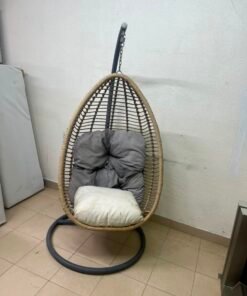 Beige Rattan Hanging Egg Chair with Stand – Indoor/Outdoor Teardrop Swing Chair with Black Metal Frame & Cushion Set - Image 7