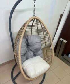 Beige Rattan Hanging Egg Chair with Stand – Indoor/Outdoor Teardrop Swing Chair with Black Metal Frame & Cushion Set - Image 8