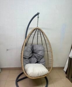 Beige Rattan Hanging Egg Chair with Stand – Indoor/Outdoor Teardrop Swing Chair with Black Metal Frame & Cushion Set - Image 9