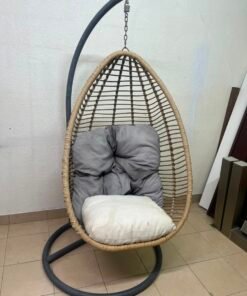 Beige Rattan Hanging Egg Chair with Stand – Indoor/Outdoor Teardrop Swing Chair with Black Metal Frame & Cushion Set - Image 10