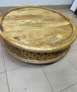 Handcrafted Round Wooden Tray / Ottoman Top – Natural Mango Wood with Raised Rim & Decorative Carved Openwork Base - Image 2