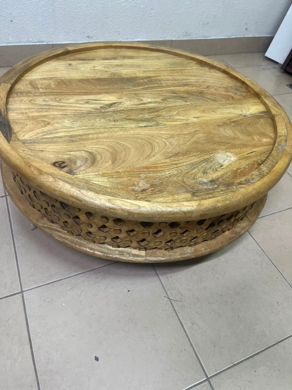 Handcrafted Round Wooden Tray / Ottoman Top – Natural Mango Wood with Raised Rim & Decorative Carved Openwork Base - Image 2