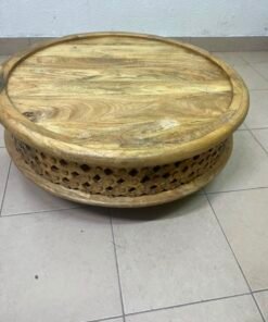 Handcrafted Round Wooden Tray / Ottoman Top – Natural Mango Wood with Raised Rim & Decorative Carved Openwork Base