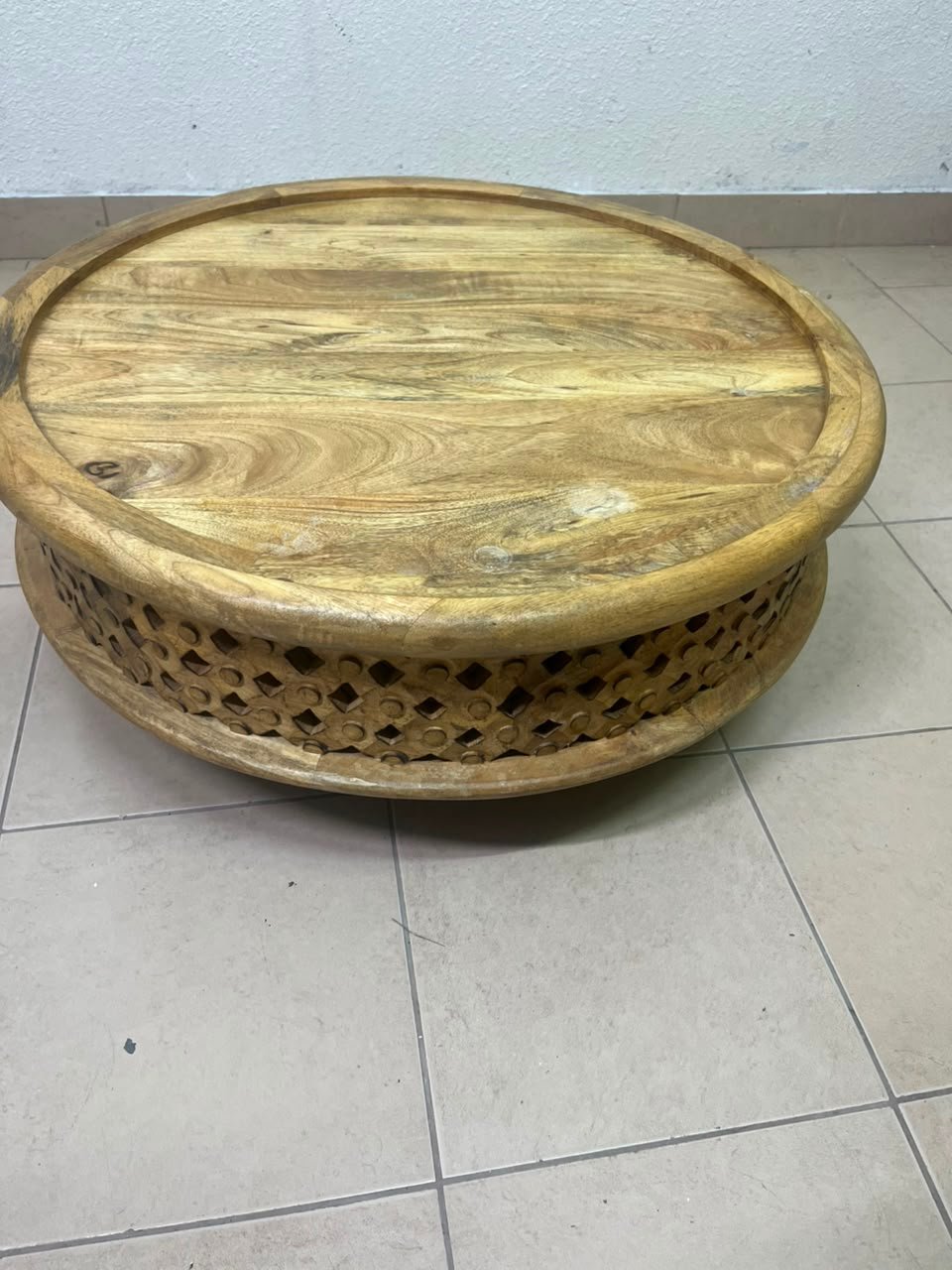 Handcrafted Round Wooden Tray / Ottoman Top – Natural Mango Wood with Raised Rim & Decorative Carved Openwork Base