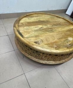 Handcrafted Round Wooden Tray / Ottoman Top – Natural Mango Wood with Raised Rim & Decorative Carved Openwork Base - Image 4