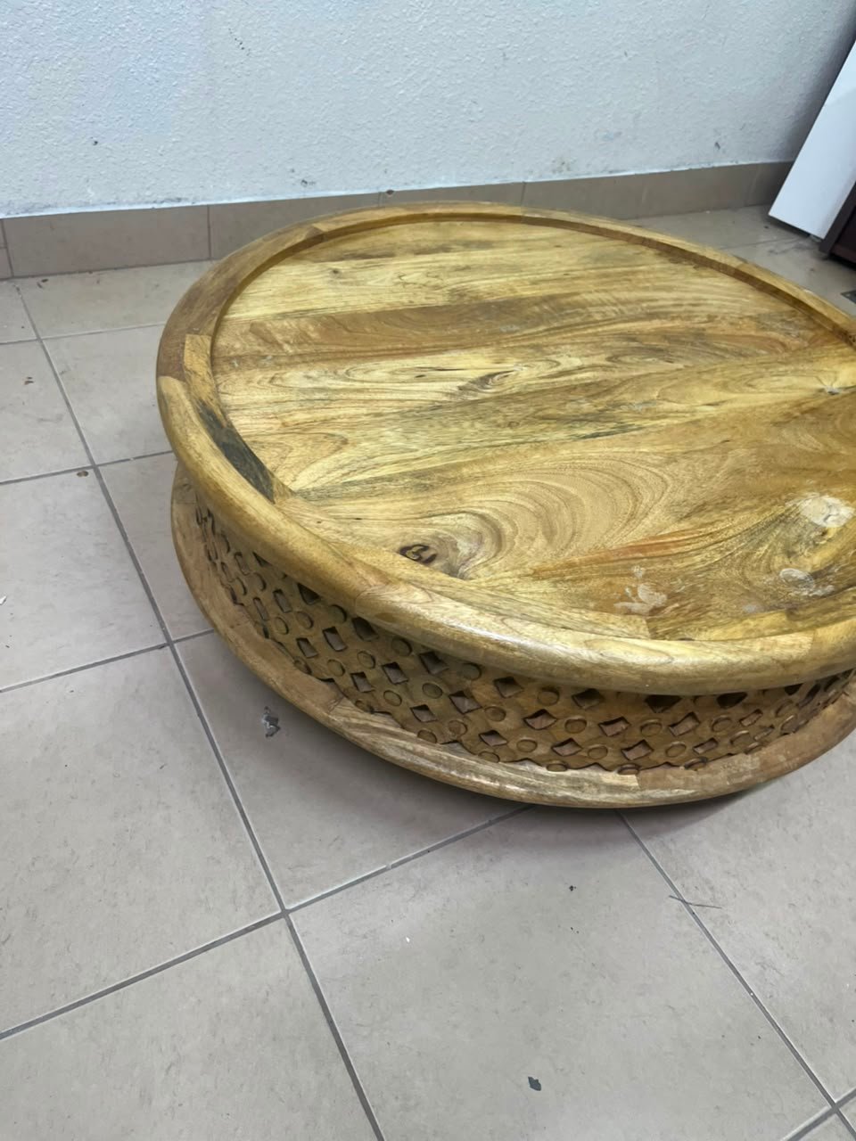 Handcrafted Round Wooden Tray / Ottoman Top – Natural Mango Wood with Raised Rim & Decorative Carved Openwork Base - Image 4