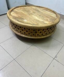 Handcrafted Round Wooden Tray / Ottoman Top – Natural Mango Wood with Raised Rim & Decorative Carved Openwork Base - Image 5