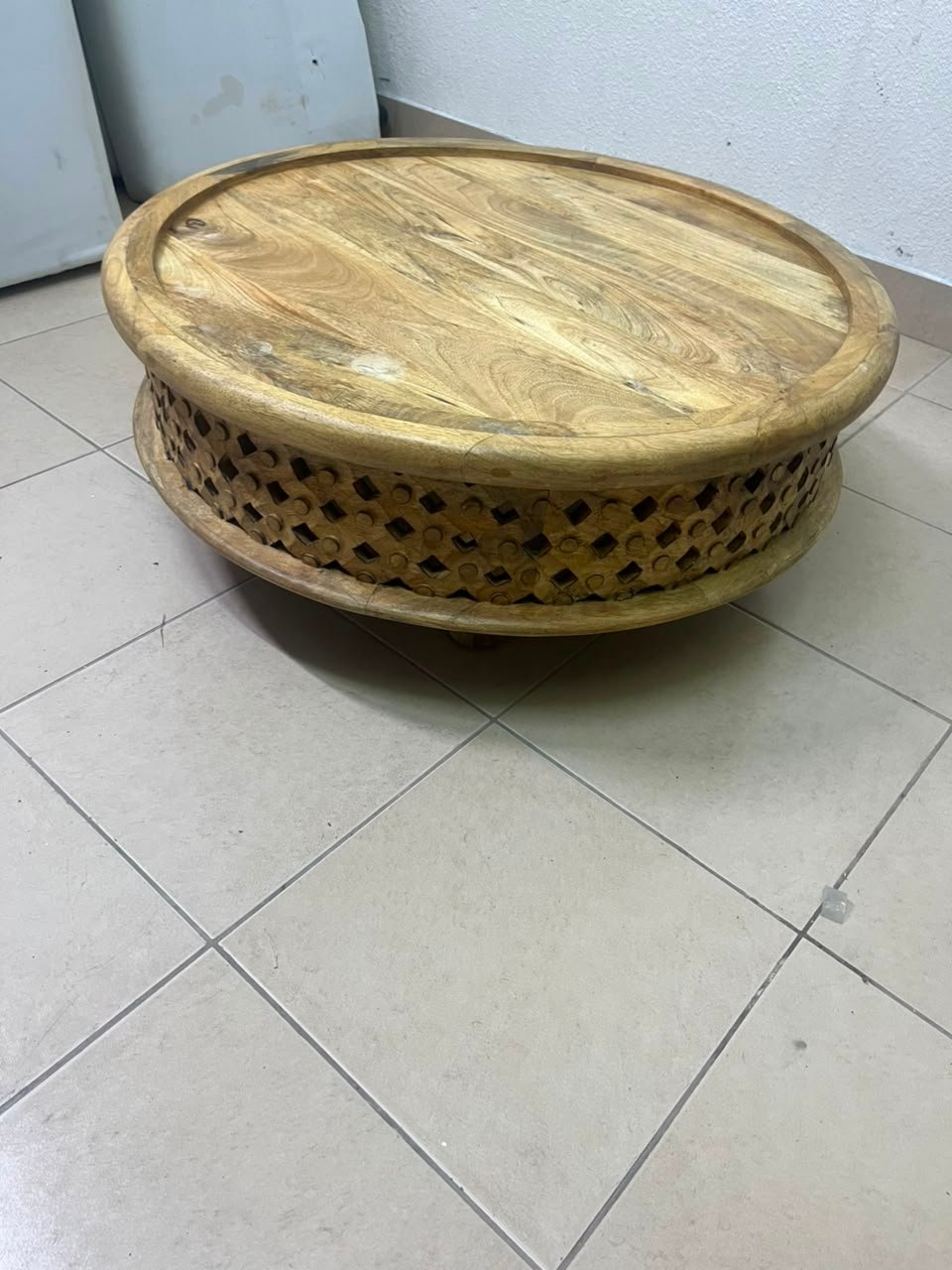 Handcrafted Round Wooden Tray / Ottoman Top – Natural Mango Wood with Raised Rim & Decorative Carved Openwork Base - Image 5