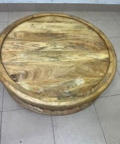 Handcrafted Round Wooden Tray / Ottoman Top – Natural Mango Wood with Raised Rim & Decorative Carved Openwork Base - Image 6