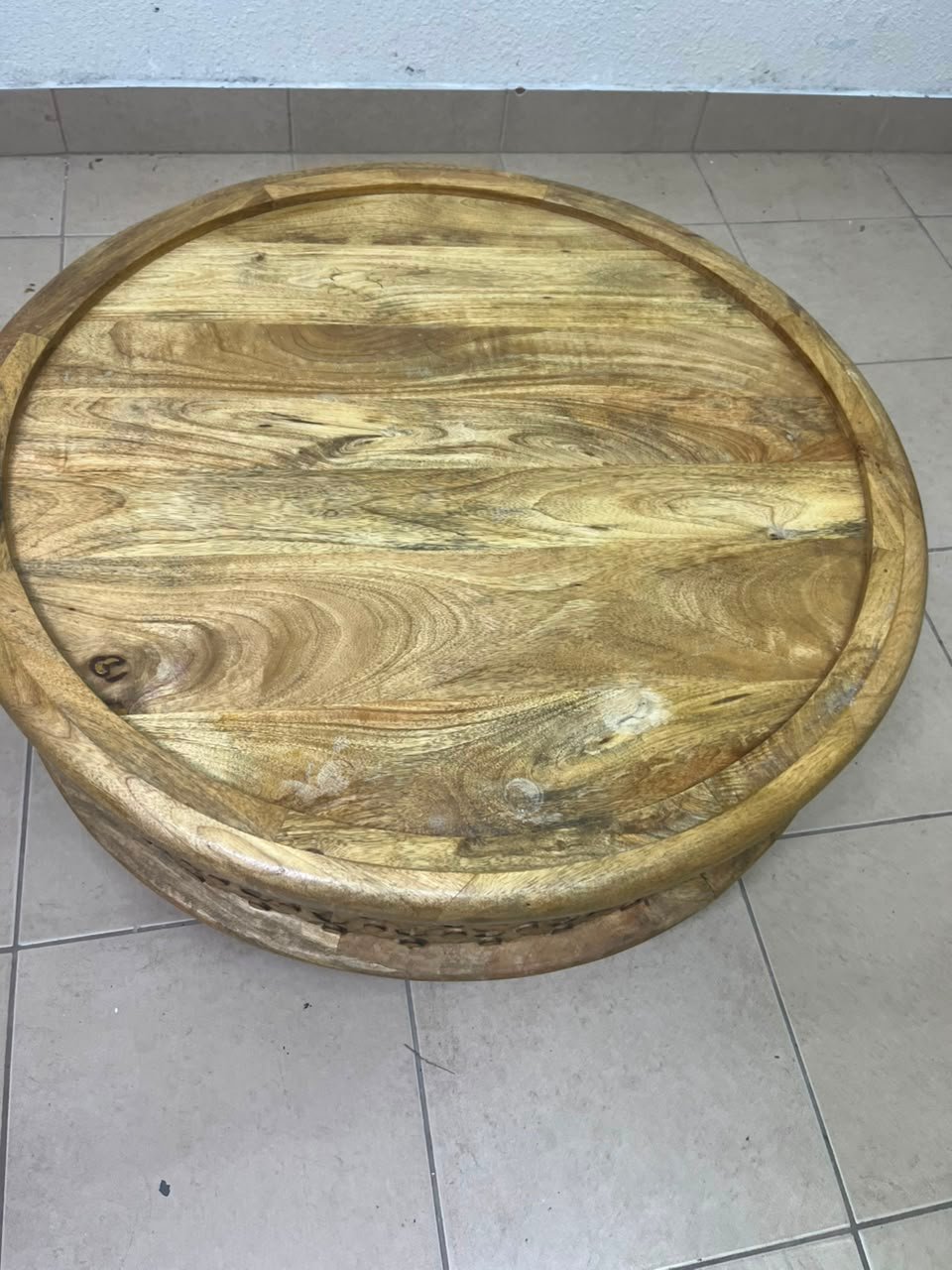 Handcrafted Round Wooden Tray / Ottoman Top – Natural Mango Wood with Raised Rim & Decorative Carved Openwork Base - Image 6