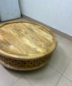 Handcrafted Round Wooden Tray / Ottoman Top – Natural Mango Wood with Raised Rim & Decorative Carved Openwork Base - Image 7