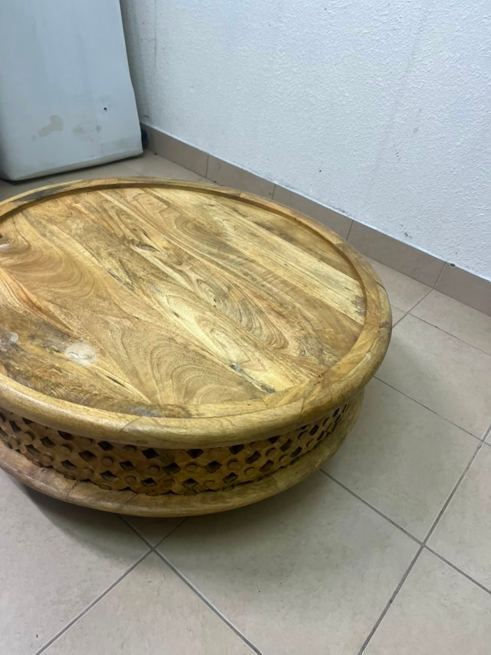 Handcrafted Round Wooden Tray / Ottoman Top – Natural Mango Wood with Raised Rim & Decorative Carved Openwork Base - Image 7