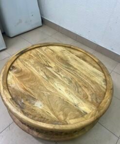 Handcrafted Round Wooden Tray / Ottoman Top – Natural Mango Wood with Raised Rim & Decorative Carved Openwork Base - Image 8
