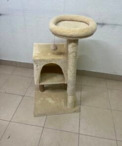 Compact Beige Plush Cat Tree Tower – Multi-Level Activity Center with Condo House, Top Perch, Scratching Post, Hanging Toy & Base - Image 2