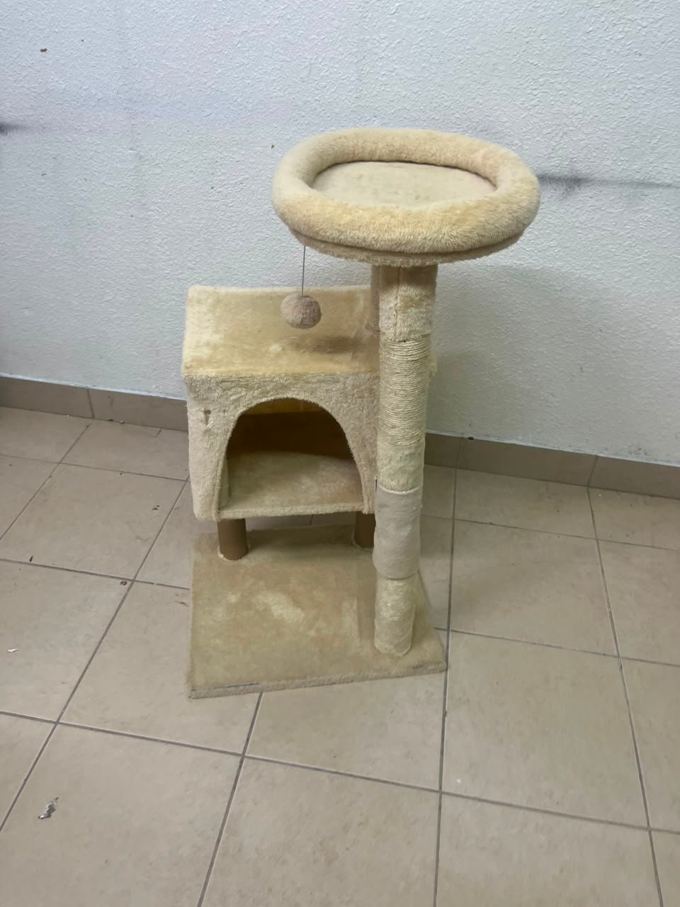 Compact Beige Plush Cat Tree Tower – Multi-Level Activity Center with Condo House, Top Perch, Scratching Post, Hanging Toy & Base - Image 2
