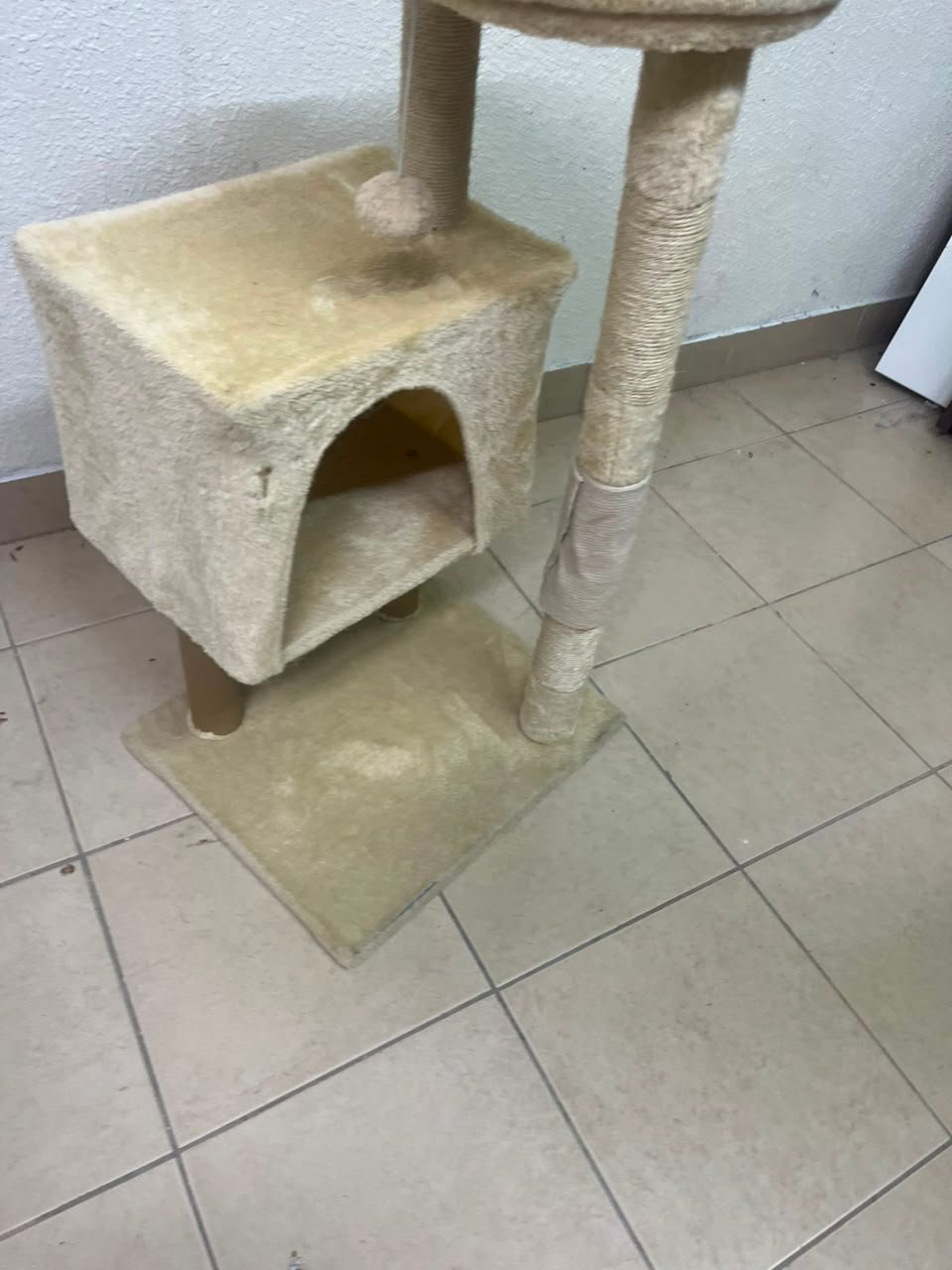 Compact Beige Plush Cat Tree Tower – Multi-Level Activity Center with Condo House, Top Perch, Scratching Post, Hanging Toy & Base - Image 3