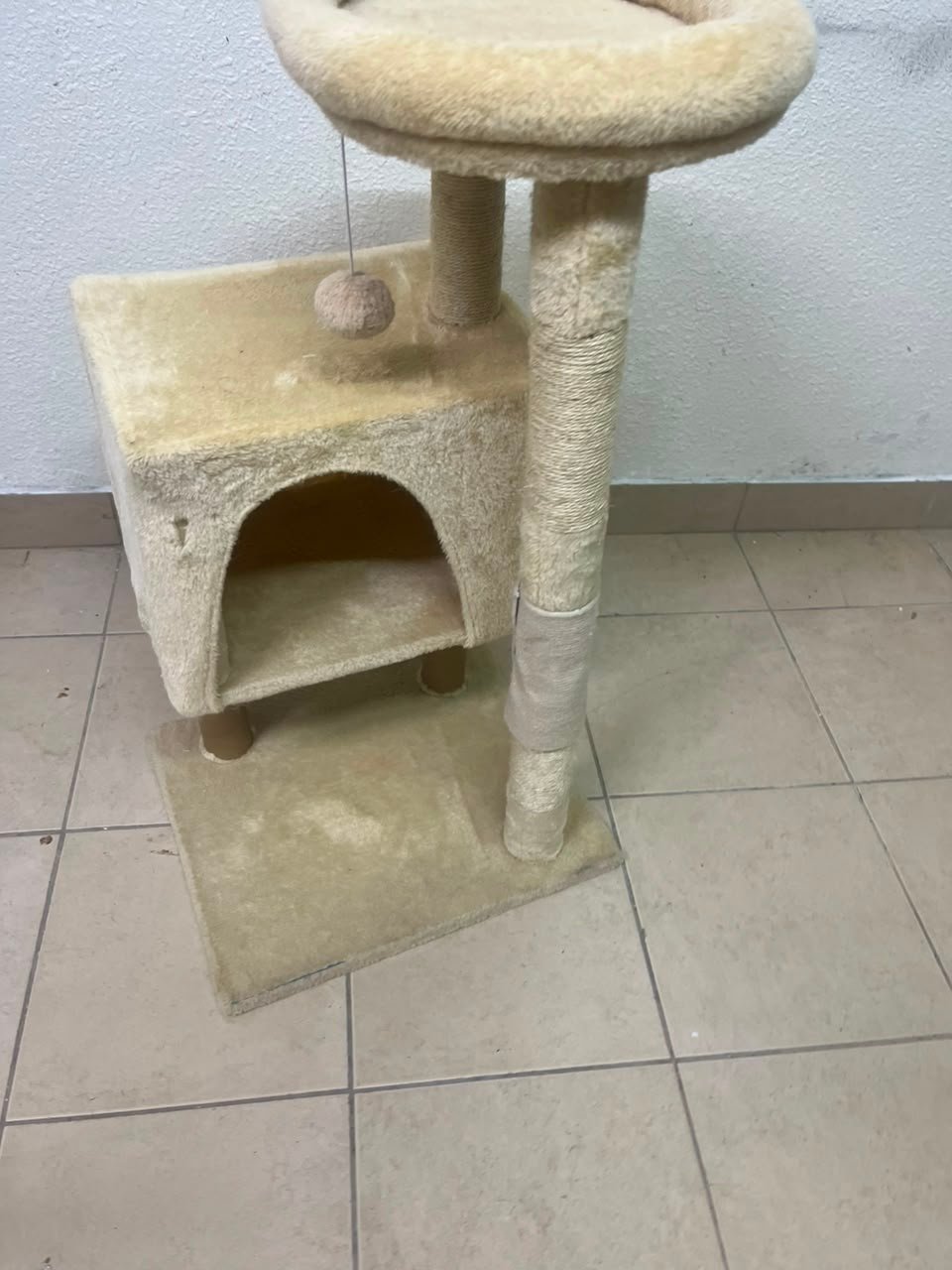 Compact Beige Plush Cat Tree Tower – Multi-Level Activity Center with Condo House, Top Perch, Scratching Post, Hanging Toy & Base - Image 4