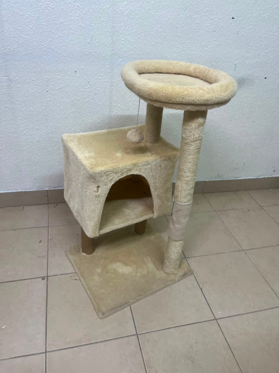 Compact Beige Plush Cat Tree Tower – Multi-Level Activity Center with Condo House, Top Perch, Scratching Post, Hanging Toy & Base - Image 5