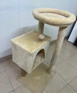 Compact Beige Plush Cat Tree Tower – Multi-Level Activity Center with Condo House, Top Perch, Scratching Post, Hanging Toy & Base - Image 6