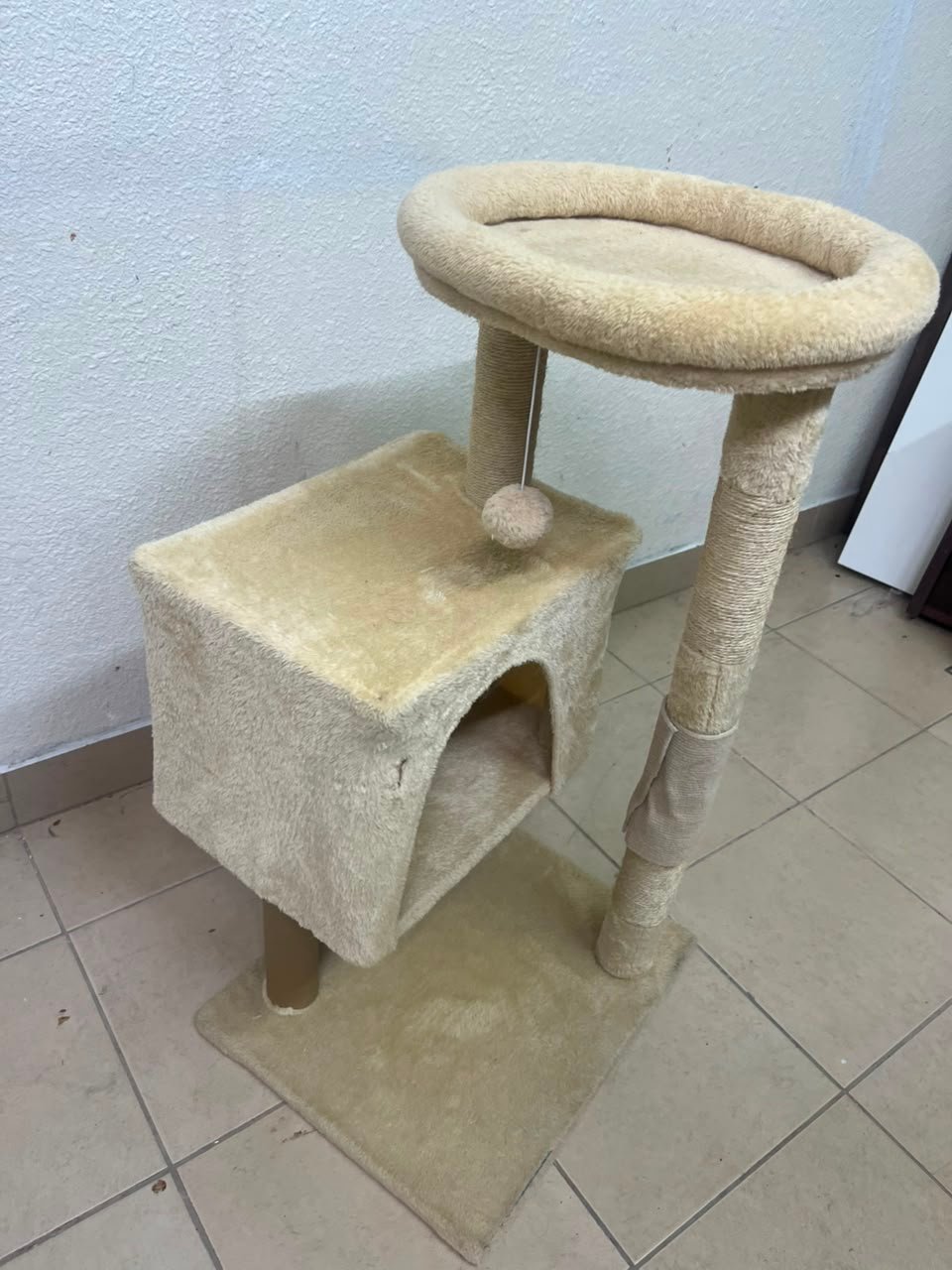 Compact Beige Plush Cat Tree Tower – Multi-Level Activity Center with Condo House, Top Perch, Scratching Post, Hanging Toy & Base - Image 6