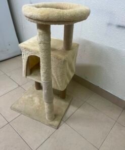 Compact Beige Plush Cat Tree Tower – Multi-Level Activity Center with Condo House, Top Perch, Scratching Post, Hanging Toy & Base - Image 8