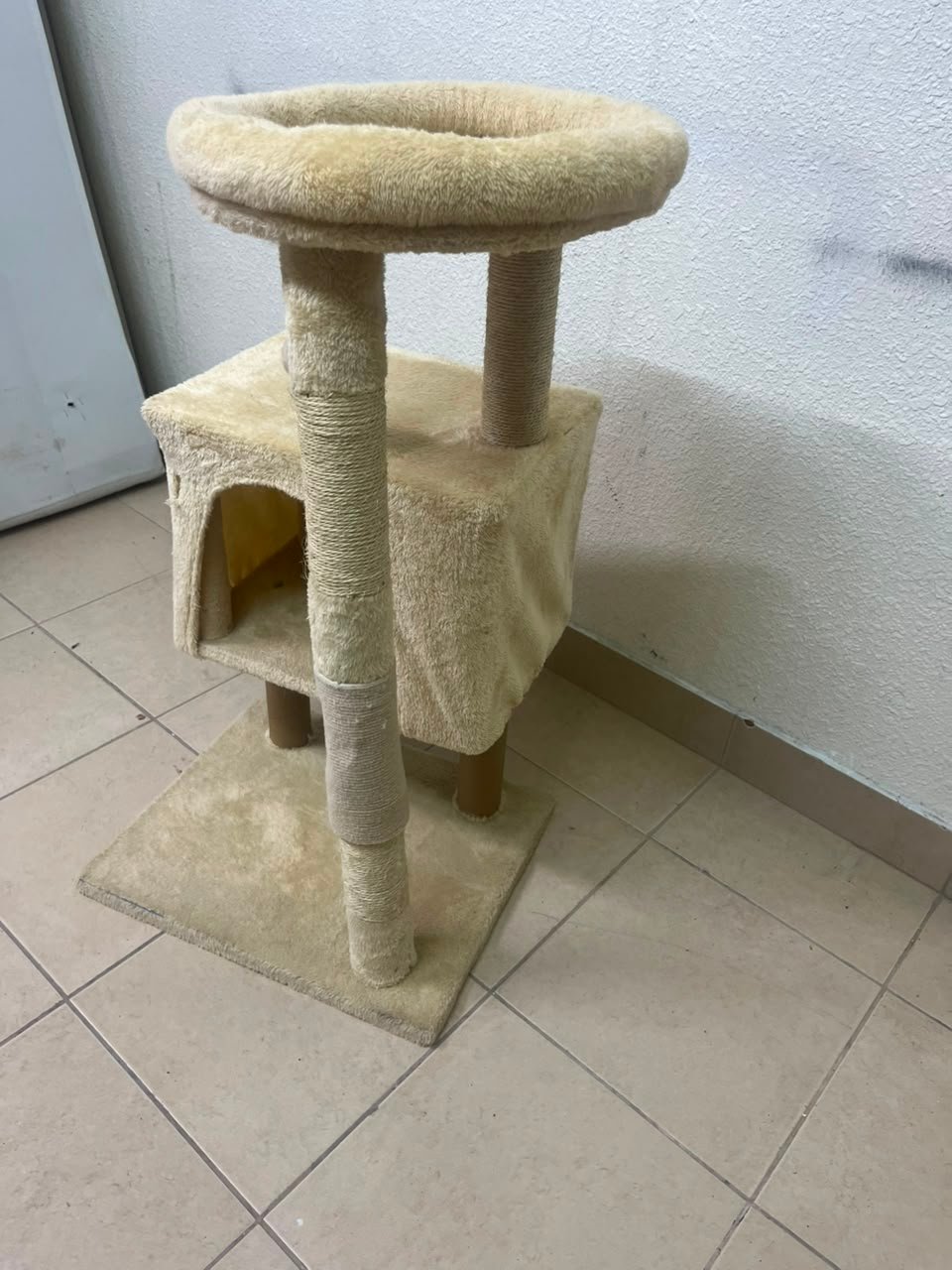 Compact Beige Plush Cat Tree Tower – Multi-Level Activity Center with Condo House, Top Perch, Scratching Post, Hanging Toy & Base - Image 8