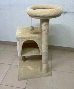Compact Beige Plush Cat Tree Tower – Multi-Level Activity Center with Condo House, Top Perch, Scratching Post, Hanging Toy & Base