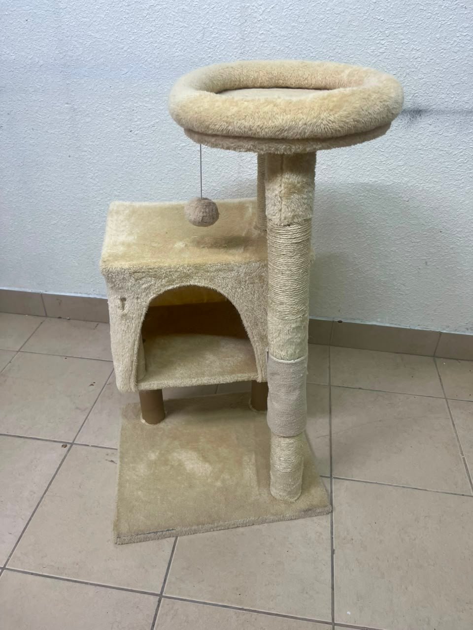 Compact Beige Plush Cat Tree Tower – Multi-Level Activity Center with Condo House, Top Perch, Scratching Post, Hanging Toy & Base