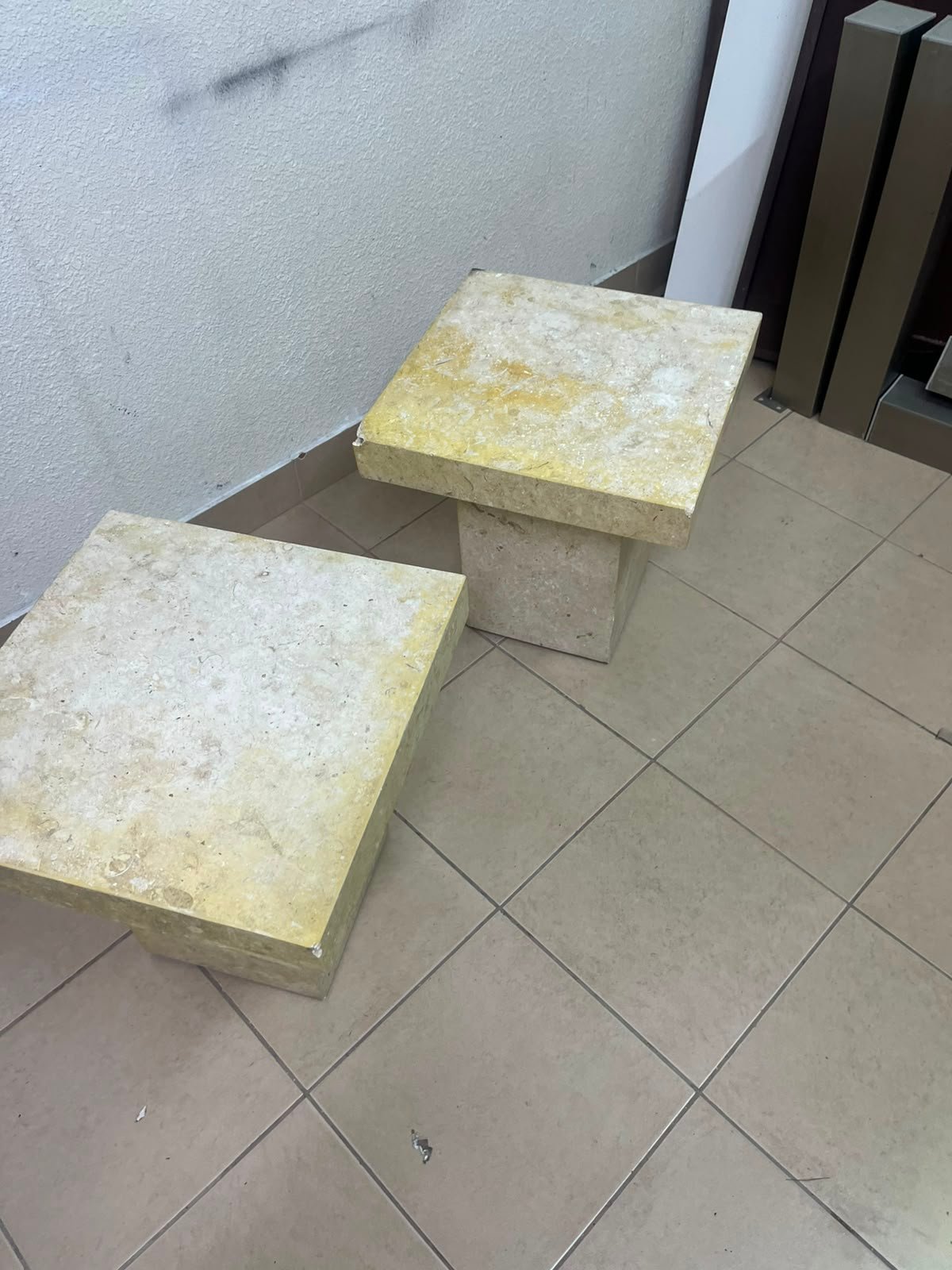 Set of 2 Solid Natural Stone Side Tables / Pedestals – Heavyweight Beige Marble/Travertine Style with Tapered Plinth Base - Image 2