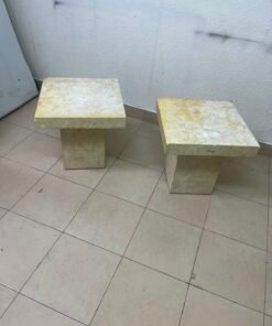Set of 2 Solid Natural Stone Side Tables / Pedestals – Heavyweight Beige Marble/Travertine Style with Tapered Plinth Base - Image 3