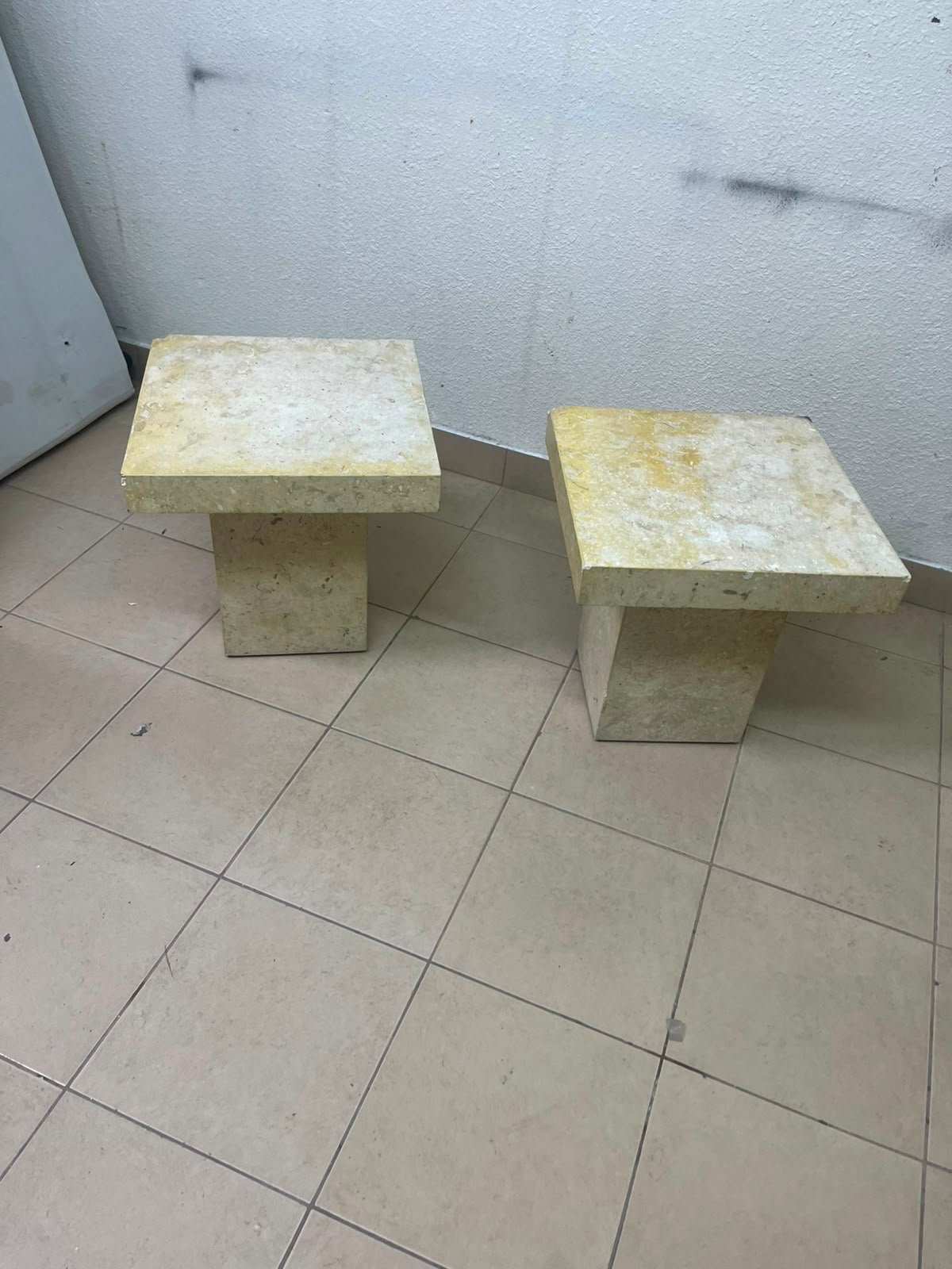Set of 2 Solid Natural Stone Side Tables / Pedestals – Heavyweight Beige Marble/Travertine Style with Tapered Plinth Base - Image 3