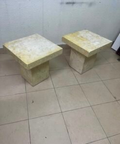 Set of 2 Solid Natural Stone Side Tables / Pedestals – Heavyweight Beige Marble/Travertine Style with Tapered Plinth Base - Image 4