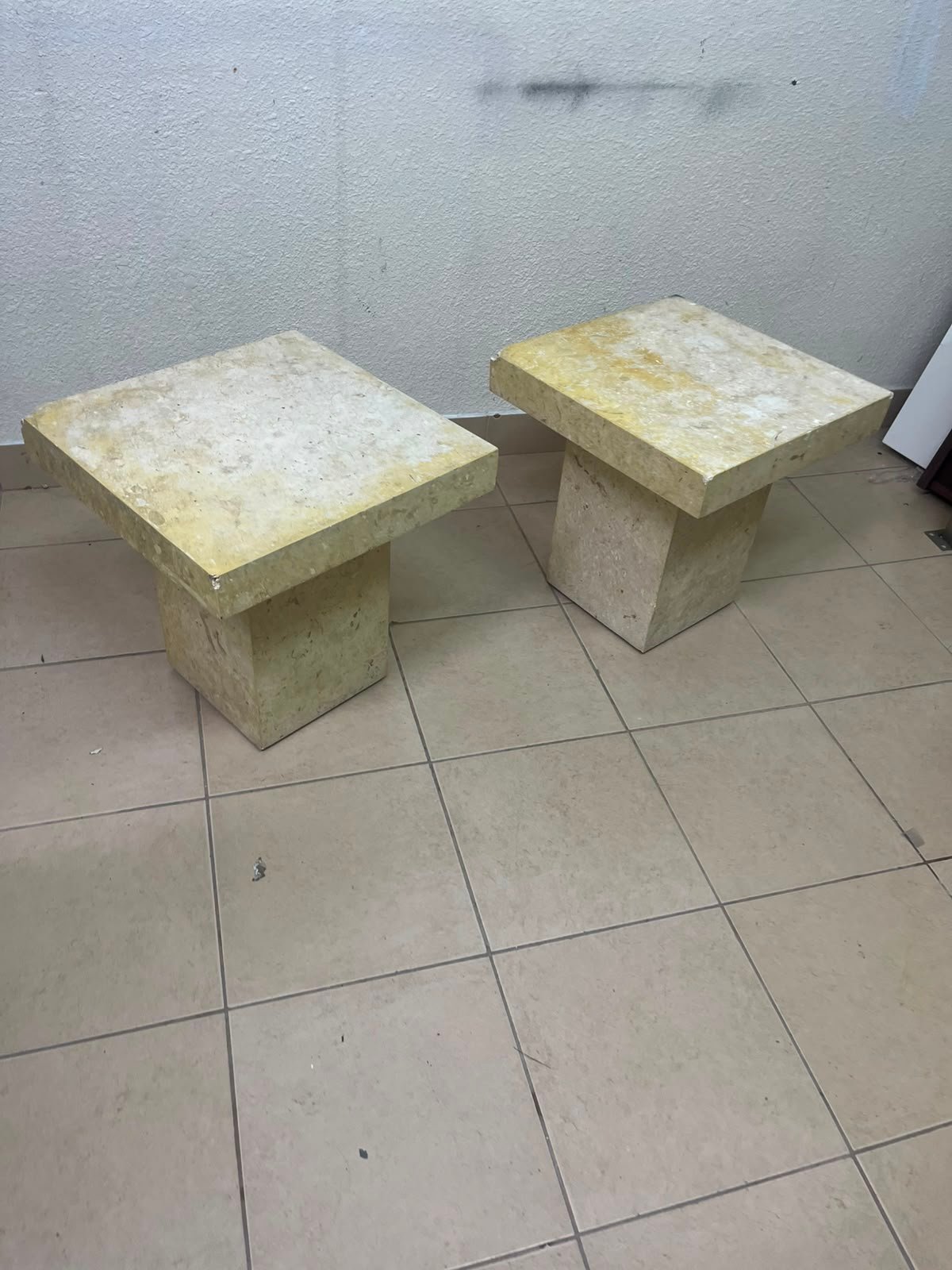 Set of 2 Solid Natural Stone Side Tables / Pedestals – Heavyweight Beige Marble/Travertine Style with Tapered Plinth Base - Image 4