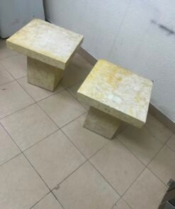 Set of 2 Solid Natural Stone Side Tables / Pedestals – Heavyweight Beige Marble/Travertine Style with Tapered Plinth Base - Image 5