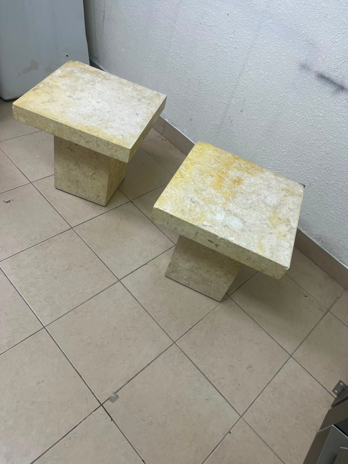 Set of 2 Solid Natural Stone Side Tables / Pedestals – Heavyweight Beige Marble/Travertine Style with Tapered Plinth Base - Image 5