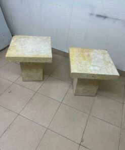 Set of 2 Solid Natural Stone Side Tables / Pedestals – Heavyweight Beige Marble/Travertine Style with Tapered Plinth Base - Image 6