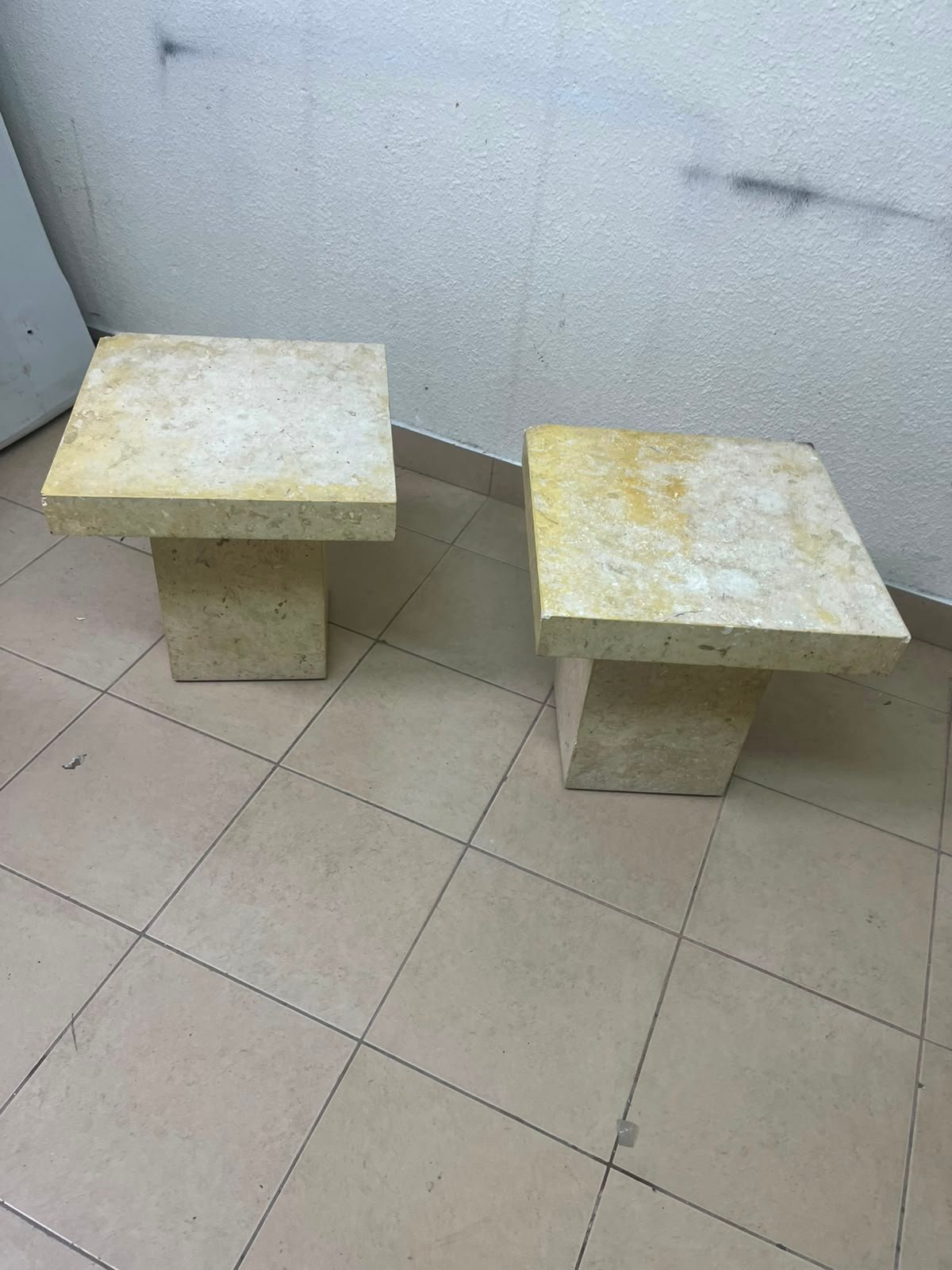 Set of 2 Solid Natural Stone Side Tables / Pedestals – Heavyweight Beige Marble/Travertine Style with Tapered Plinth Base - Image 6