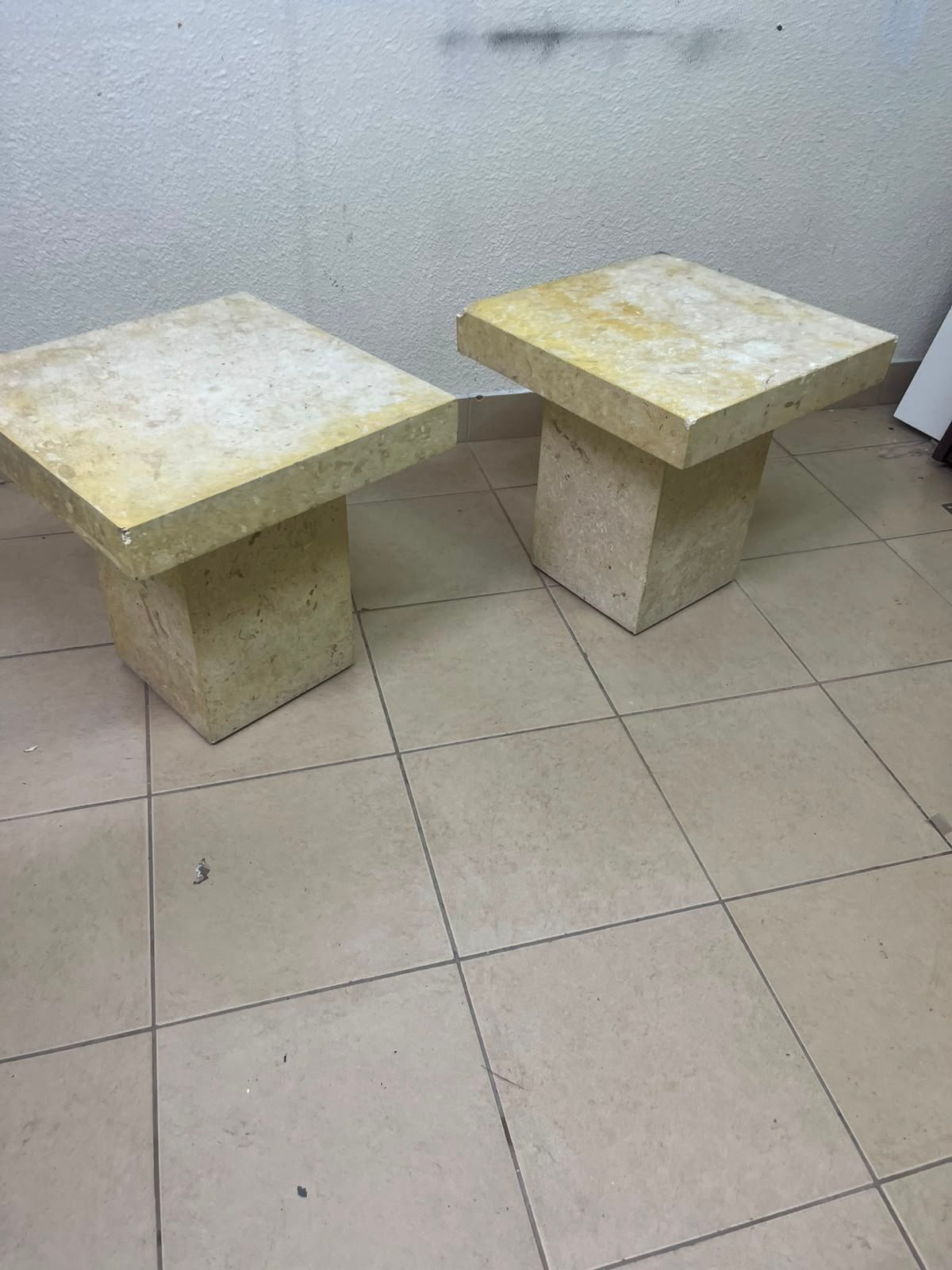 Set of 2 Solid Natural Stone Side Tables / Pedestals – Heavyweight Beige Marble/Travertine Style with Tapered Plinth Base - Image 7