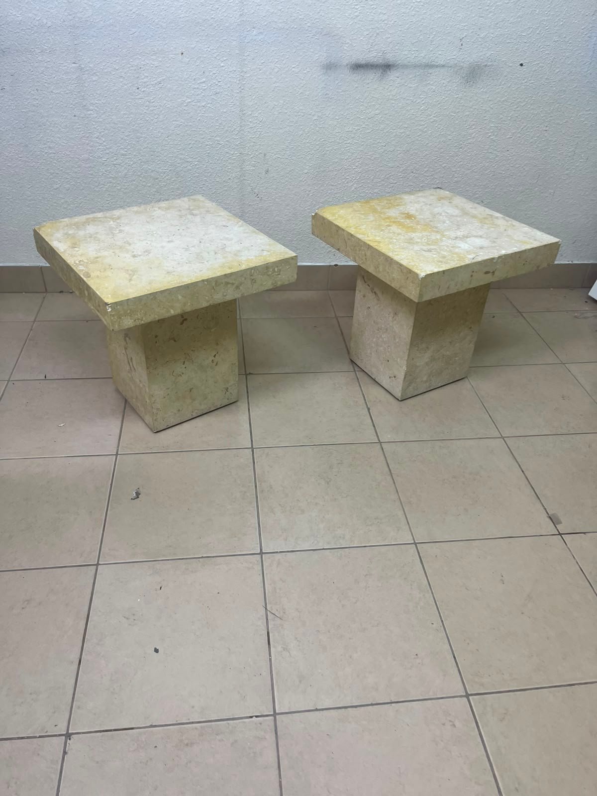 Set of 2 Solid Natural Stone Side Tables / Pedestals – Heavyweight Beige Marble/Travertine Style with Tapered Plinth Base - Image 8