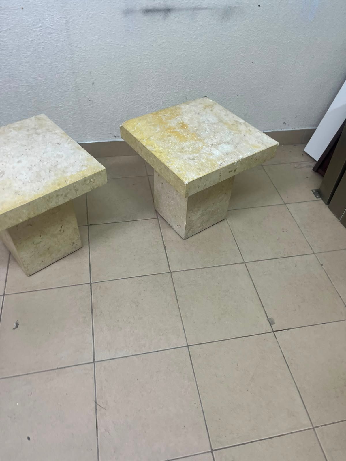 Set of 2 Solid Natural Stone Side Tables / Pedestals – Heavyweight Beige Marble/Travertine Style with Tapered Plinth Base - Image 9