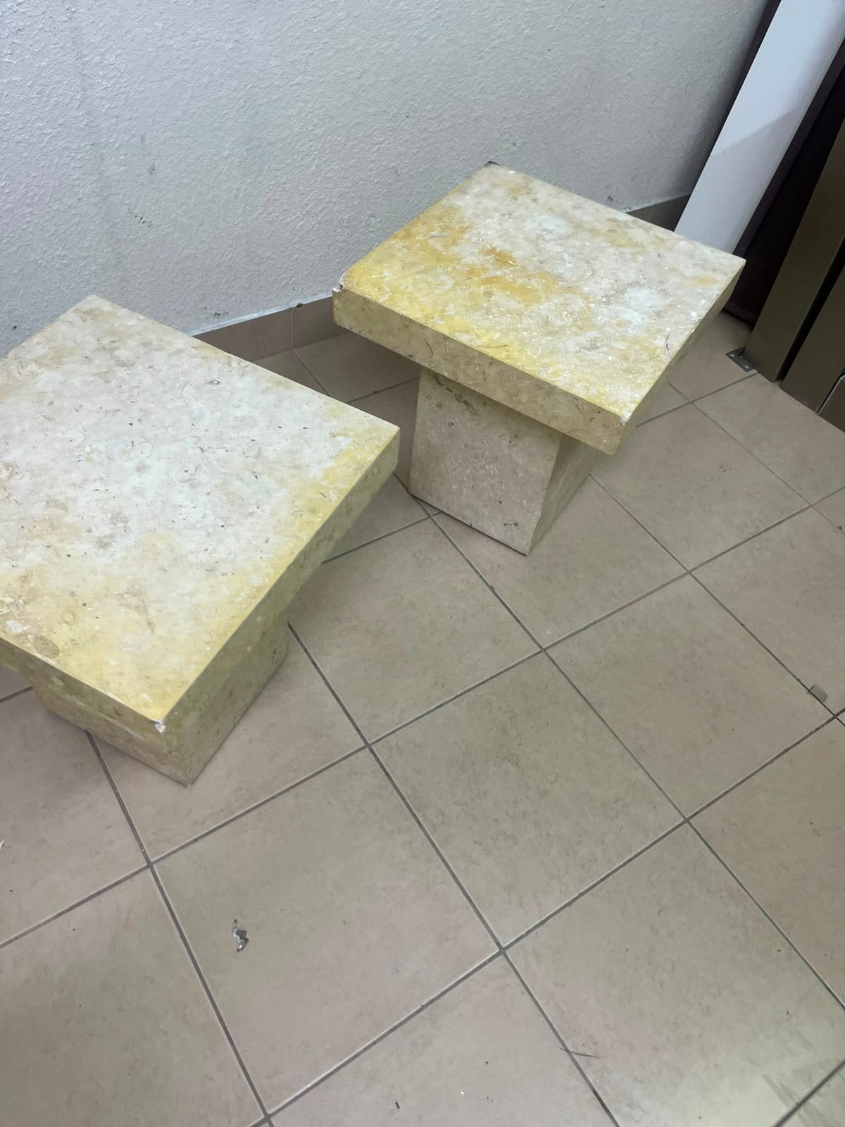 Set of 2 Solid Natural Stone Side Tables / Pedestals – Heavyweight Beige Marble/Travertine Style with Tapered Plinth Base - Image 10