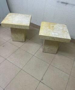 Set of 2 Solid Natural Stone Side Tables / Pedestals – Heavyweight Beige Marble/Travertine Style with Tapered Plinth Base - Image 11