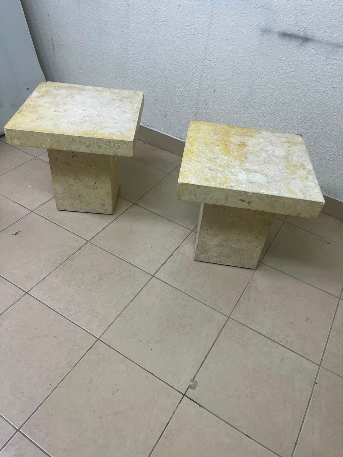 Set of 2 Solid Natural Stone Side Tables / Pedestals – Heavyweight Beige Marble/Travertine Style with Tapered Plinth Base - Image 11