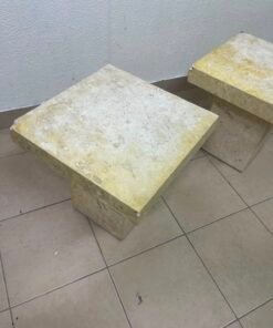 Set of 2 Solid Natural Stone Side Tables / Pedestals – Heavyweight Beige Marble/Travertine Style with Tapered Plinth Base - Image 12