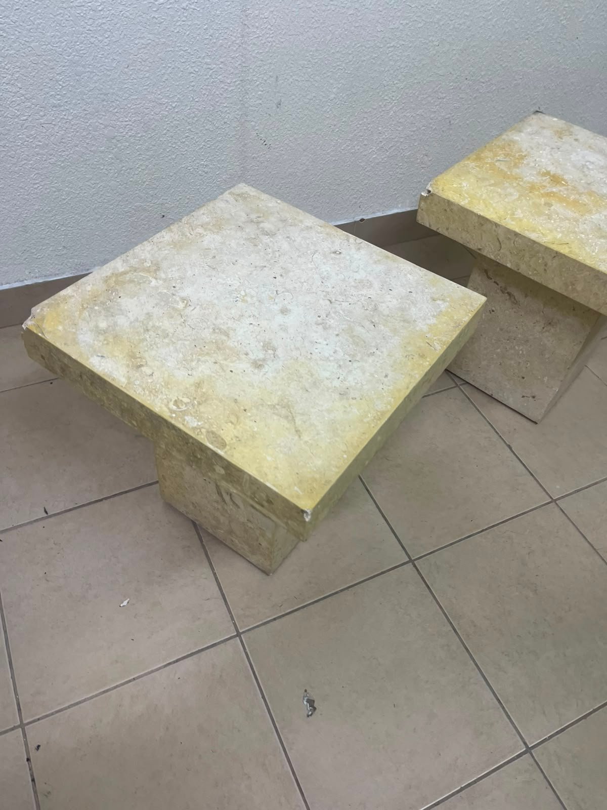 Set of 2 Solid Natural Stone Side Tables / Pedestals – Heavyweight Beige Marble/Travertine Style with Tapered Plinth Base - Image 12