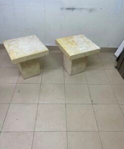 Set of 2 Solid Natural Stone Side Tables / Pedestals – Heavyweight Beige Marble/Travertine Style with Tapered Plinth Base