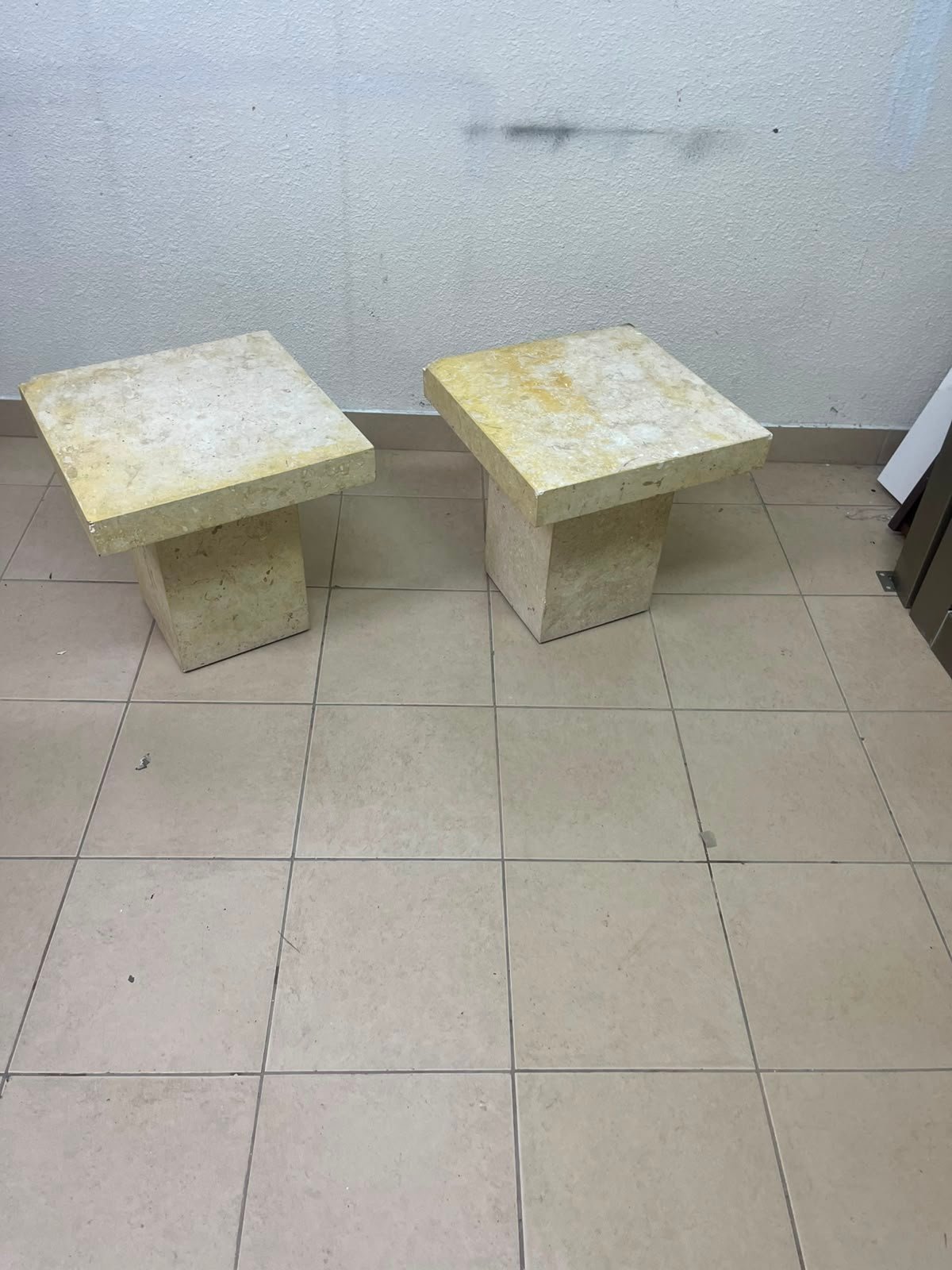 Set of 2 Solid Natural Stone Side Tables / Pedestals – Heavyweight Beige Marble/Travertine Style with Tapered Plinth Base